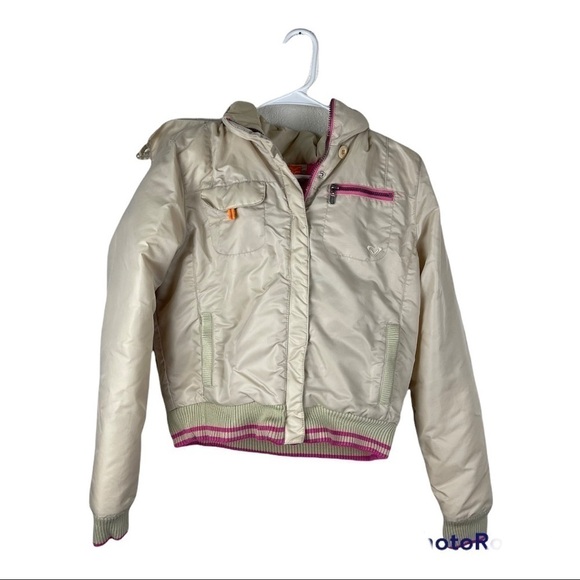 Roxy Junior Large White Pink Flower Embroidered Jacket Removable Hood - Picture 1 of 8